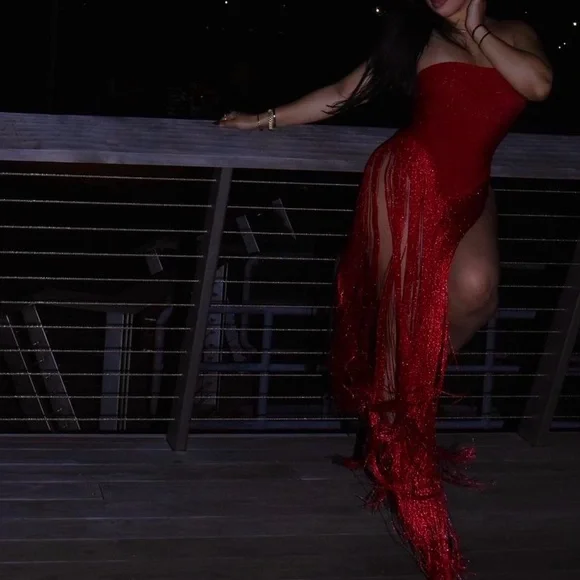 BELLA BARNETT: Strapless bodysuit Red Fringe Maxi Dress with Sheer Tassel Skirt - Picture 2 of 4